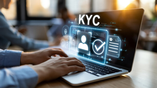 KYC Verification Process: A person's hands diligently operate a laptop, highlighting the crucial Know Your Customer (KYC) verification process.