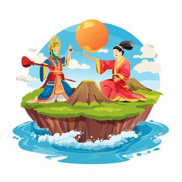 Mythical Figures on Floating Island, Volcano, Sun, Ocean Waves