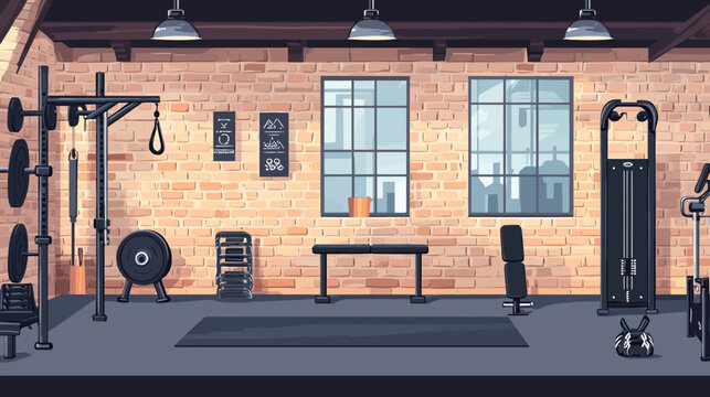 Industrial gym interior with brick walls, weight racks, bench, and wide windows