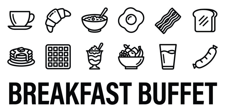 Breakfast buffet food and drinks icons set line drawing simple flat style clean design.