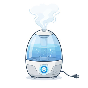 Humidifier releasing steam, air quality, home appliance, illustration