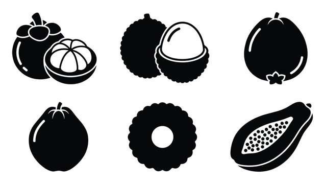 Assortment of exotic tropical fruits including mangosteen rambutan guava papaya and pineapple glyphs