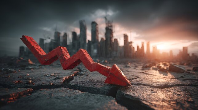 A red downward arrow plunges toward a cracked ground, representing economic decline against the backdrop of a destroyed city skyline.