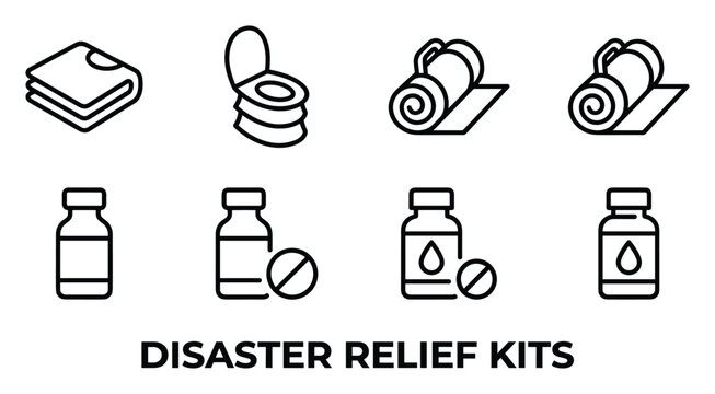 Disaster relief kit items folded towel portable toilet rolled blanket emergency supplies medical bottles pills medication.