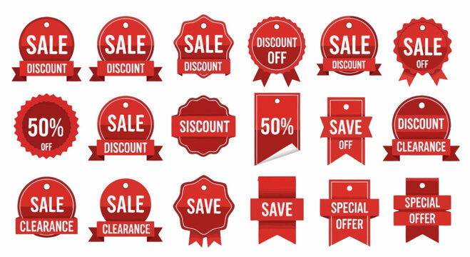 Set of red sale badges and ribbons for promotional retail designs