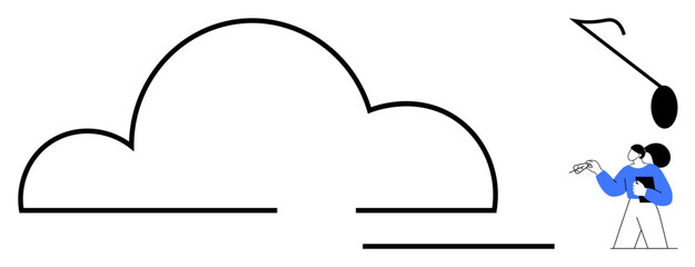 Cloud computing, data storage, technology services, digital management, information security, software solutions. Minimalistic cloud shape and a worker interacting with technology. Focus on cloud © robu_s