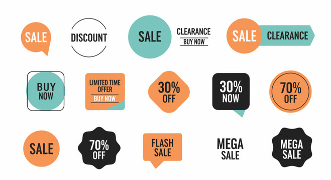 Various promotional sale badges and icons for marketing and advertising