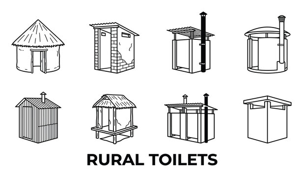 Rural toilets outdoor latrine pit toilet simple structures basic sanitation composting toilet straw roof.