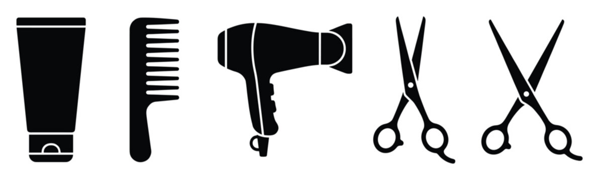 Hairdressing salon tools icon set for professional barbershop services and personal grooming