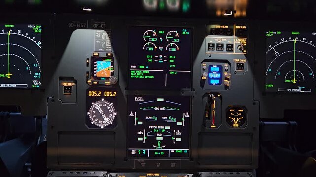 Aircraft cockpit instruments and flight control displays glow on an Airbus A320 dashboard, static close up shot.