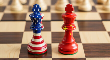 Fototapeta premium US chess piece China chess piece trade tensions concept with red and blue king on chessboard