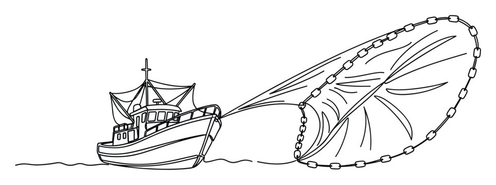 Fishing boat towing a large trawl net in continuous line drawing for marine use