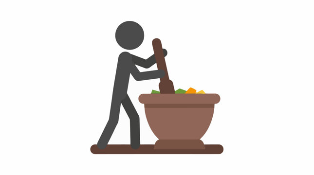 Figure Using Large Mortar and Pestle to Grind Ingredients