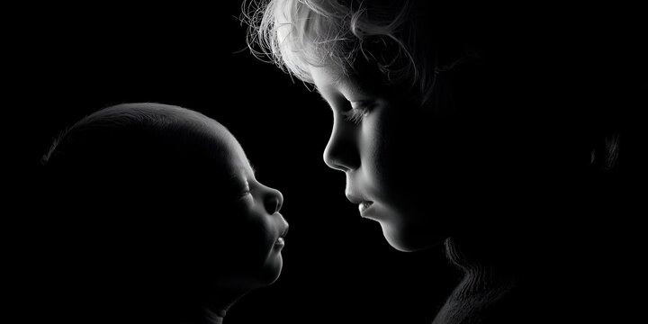 Silhouette portrait captures an older child lovingly gazing at a serene newborn sibling in deep contemplation and emotional connection.