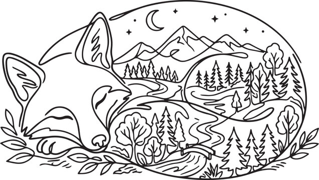 Whimsical fox head with nature landscape illustration