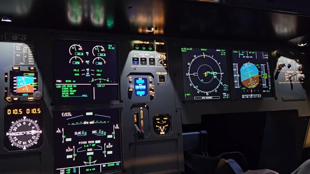 Airplane Cockpit Instrument Panel, Flight Control Display Close Up