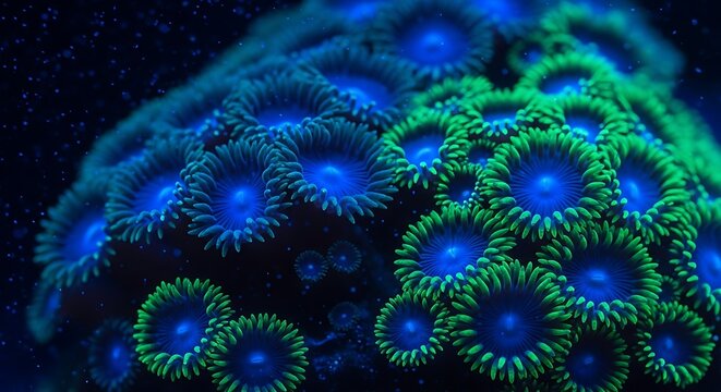 Closeup of vibrant blue and green zoanthid coral polyps in a saltwater aquarium, creating a beautiful underwater macro photography scene with glowing bioluminescent appearance