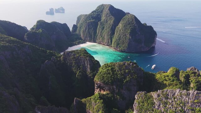 Stunning Aerial View Of Maya Bay On The Island Of Ko Phi Phi Le In Thailand.