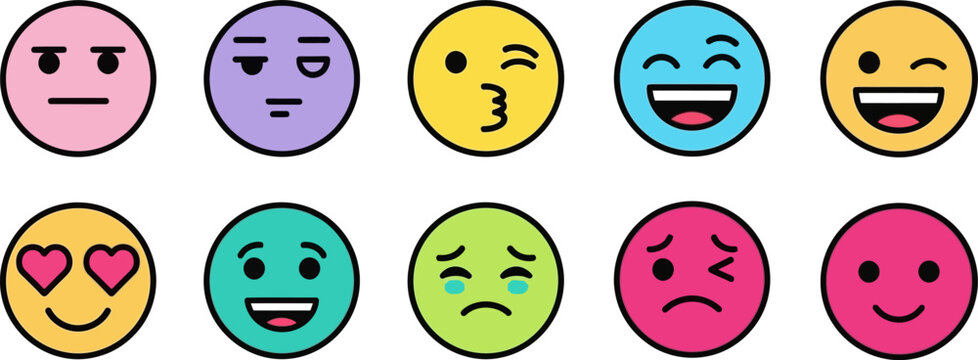 A collection of ten vibrant, cartoon-style emoticons displaying a range of emotions from joy and love to sadness and anger on a white background.