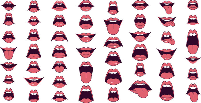 A vibrant collage of diverse mouth and lip illustrations, showing various expressions, actions, and emotions. Perfect for communication and emotion concepts.