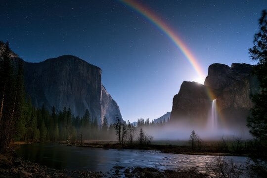 Moonbow arching over a misty waterfall in a granite valley under a starry night sky for nature travel and outdoor adventure marketing