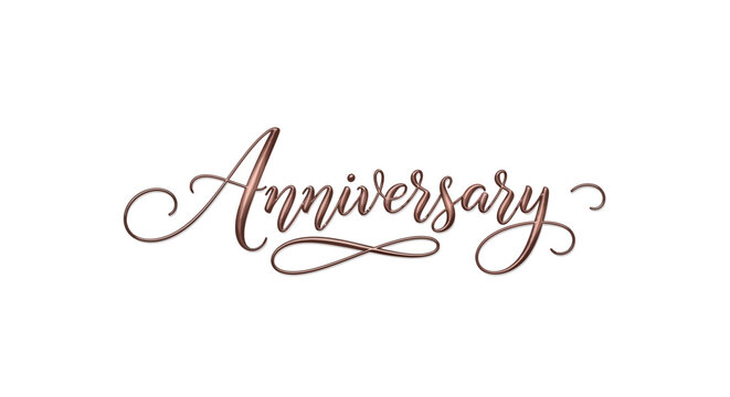 A beautiful, elegant script font spelling out "Anniversary" in a shimmering rose gold metallic finish on a clean white background.