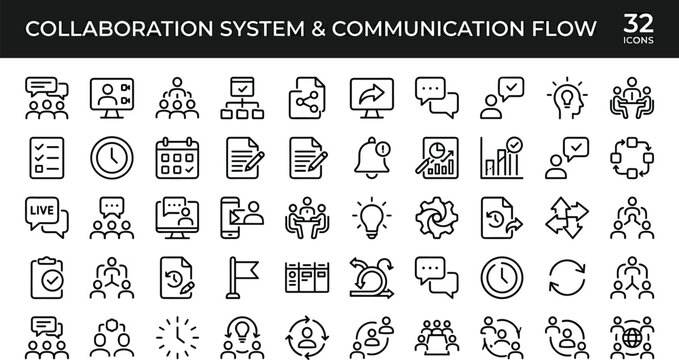 Collaboration System Communication Flow Line Icon Set With Team Meetings Workflow Planning And Business Management Symbols