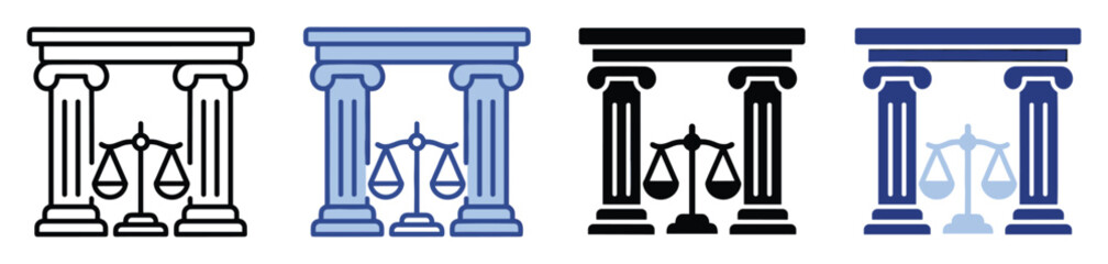 Naklejka premium Law and justice icon featuring classical columns and balance scales for legal concepts.