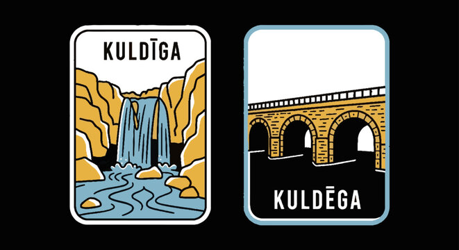 Retro Postcard Graphic of Kuldiga Town Bridge
