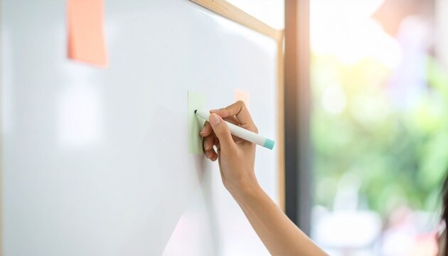 Close-up of a hand writing on a whiteboard with a marker pen, natural light