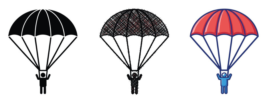 Parachute icon with a person for skydiving adventure, travel, or delivery themed graphic projects.