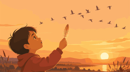 Child Holding Feather Watching Birds Fly at Sunset, Hopeful Sky Scene © Mucher
