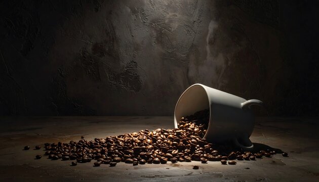 A spilled white ceramic cup on a weathered surface with roasted coffee beans cascading from it. Dramatic lighting accents the scene