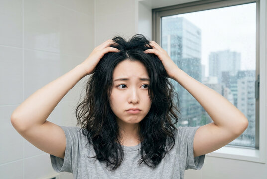 湿気で髪がまとまらず悩む女性 Generative AI