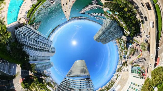 Tunnel rise above a city with towering buildings 4k warp and distort