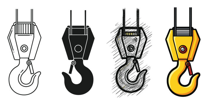 Heavy duty industrial crane lifting hook icons in diverse styles for construction and safety