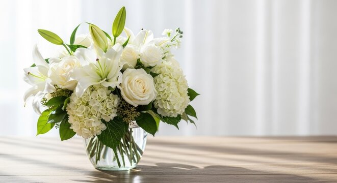 Elegant bouquet of white flowers on wooden table in sunlight