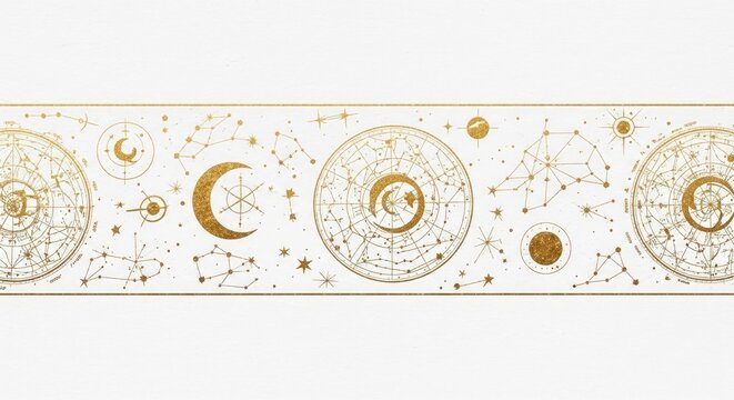 Gold celestial moon and star pattern on white background banner