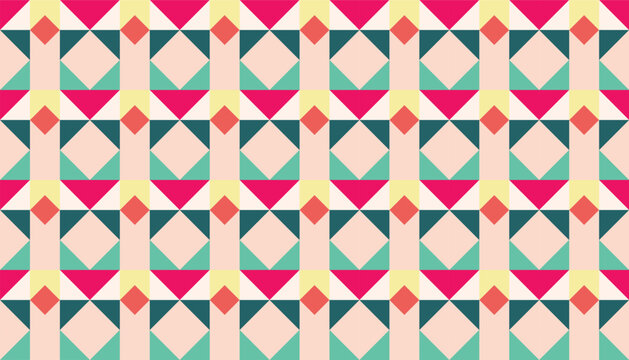 Abstract geometric seamless pattern with pastel triangle and diamond motifs. Vibrant colorful vector background.