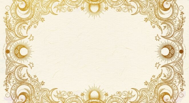 Celestial gold moon and sun border on beige paper background