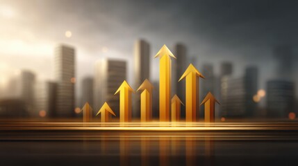 Fototapeta premium Golden Arrow Growth Chart on Blurred City Background Representing Business Success and Financial Progress in Stock Market Investments
