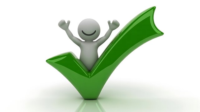 Green check mark with happy character for approval success and positive achievement concept