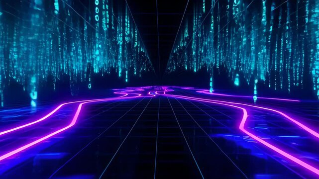 Digital datum stream matrix effect in futuristic tunnel corridor with glowing light trail, blue data rain, neon grid perspective, abstract lines, and purple light for SEO friendly dark road scene