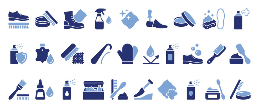 Comprehensive shoe care and cleaning icons for footwear maintenance and protection guides