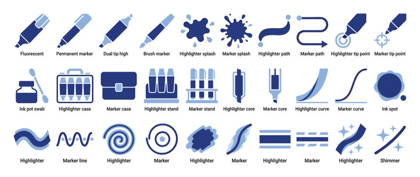Set of marker and highlighter stationery icons for educational materials and digital design projects.