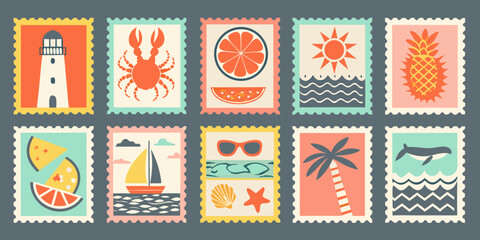 Retro travel stamps collection with summer and beach themed illustrations © Indira