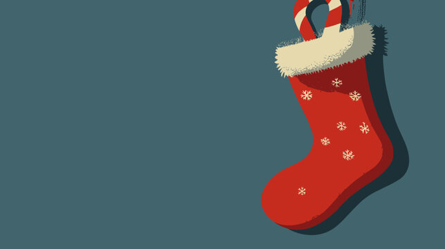 A red Christmas stocking with white fur trim and snowflakes on a teal background