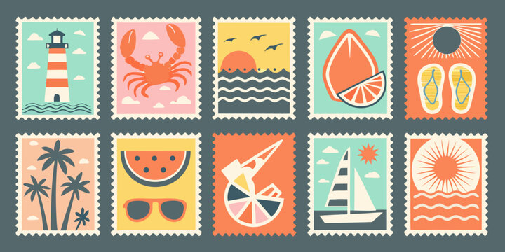 Vintage travel stamps collection summer vacation themed illustrations