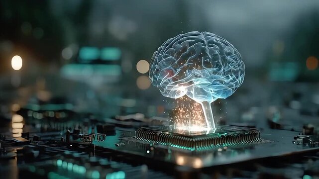 A futuristic concept of artificial intelligence featuring a glowing blue holographic brain emerging from a computer chip.