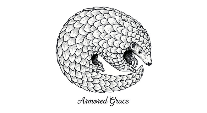 Pangolin curled up in ball, hand-drawn illustration, unique animal, endangered species